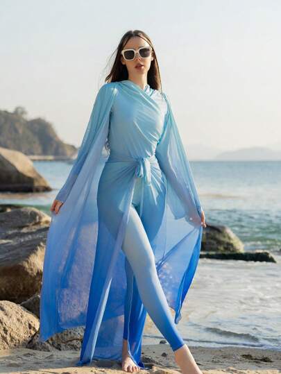 Swim Shayni ملابس الشاطئ لإجازة الربيع للنساء، طقم بوركيني تانكيني بألوان مُتدرجة، طقم ملابس سباحة محافظ ب- 4 قطع، ملابس عربية