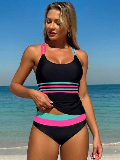 طقم تانكيني حريمي Swim SPRTY مجموعة تنكيني قطعتين للنساء مع تصميم متباين اللون وأشرطة متقاطعة للشاطئ