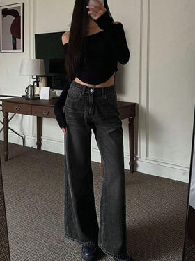 DAZY سراويل جينز نسائية بتصميم مريح مرتخية واسعة الساق ، بنطلون جينز كاجوال
