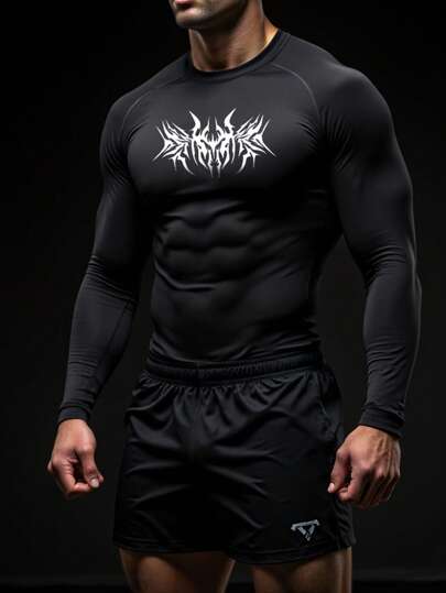 Manfinity Sport Corelite تي شيرت رياضي بأكمام رجلان مطبوع بألوان متباينة للرجال
