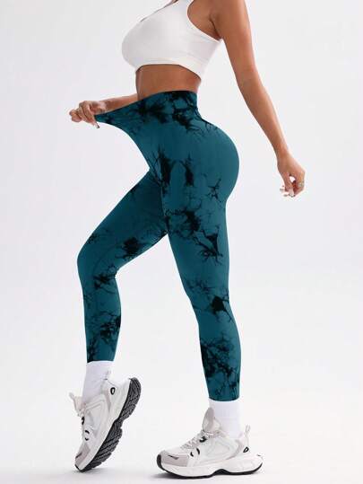 SHEIN Core Rhythm سروال رياضي نسائي بخصر عالي بتقنية الصبغ بالربط، قماش مرن وناعم للمس، قابل للتنفس، يمتد في 4 اتجاهات، مناسب للركض والدراجة والبيكليبول والتمارين الرياضية والاستخدام اليومي