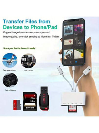 1-5 في 1 قارئ كاميرا وبطاقة، قارئ عالمي سهل التركيب، فتحات SD/TF وUSB3.0/نوع-C/Lightning OTG، محول تخزين متعدد للكاميرا USB متوافق مع آي فون/آي باد/أندرويد