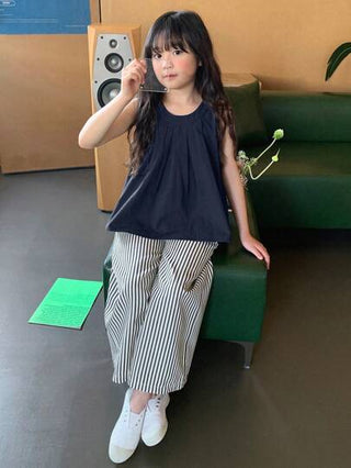 girls-sets DAZY ملابس علوية بيضاء بأكمام قصيرة بياقة دائرية + بنطال طويل مخطط نسيج منسوج مجموعة من قطعتين، صيفي