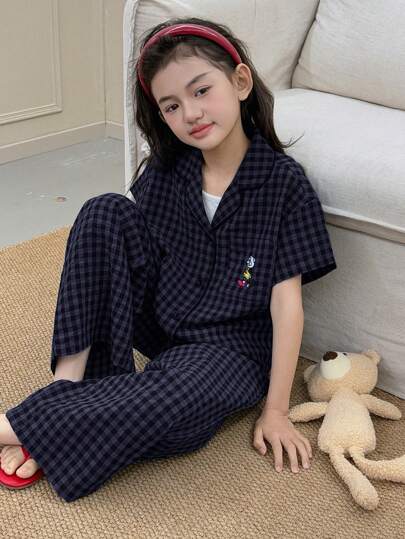 Dazy Kids طقم بيت/ملابس منزلية لفتيات المراهقات، أكمام قصيرة، طباعة مربعات وأنماط تطريز، مناسب للربيع والصيف رمضان