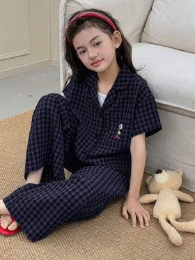 Dazy Kids طقم بيت/ملابس منزلية لفتيات المراهقات، أكمام قصيرة، طباعة مربعات وأنماط تطريز، مناسب للربيع والصيف رمضان