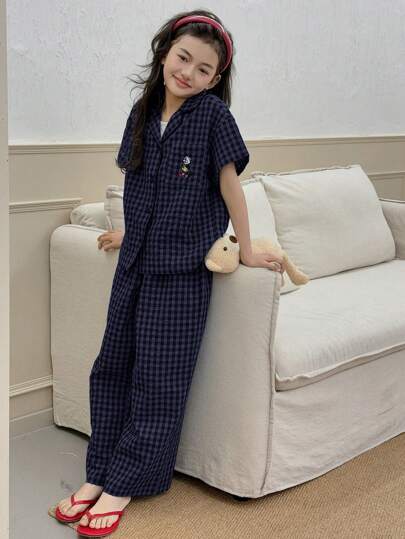 Dazy Kids طقم بيت/ملابس منزلية لفتيات المراهقات، أكمام قصيرة، طباعة مربعات وأنماط تطريز، مناسب للربيع والصيف رمضان