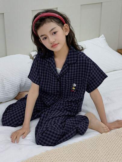 Dazy Kids طقم بيت/ملابس منزلية لفتيات المراهقات، أكمام قصيرة، طباعة مربعات وأنماط تطريز، مناسب للربيع والصيف رمضان