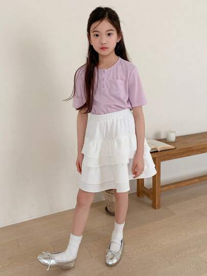 girls-sets DAZY مجموعة كاجوال مكونة من ملابس علوية بأكمام قصيرة وطباعة أحرف منفرد وتنورة كيك، مقاس متوسط الفتيات، 2 قطعة