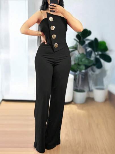 ChicMe جمبسوت كاجوال أنيقة بدون أكتاف وأزرار معدنية للزينة