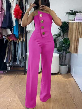 ChicMe جمبسوت قصيرة بدون أشرطة غير متماثلة مزينة بأزرار معدنية، كاجوال للصيف