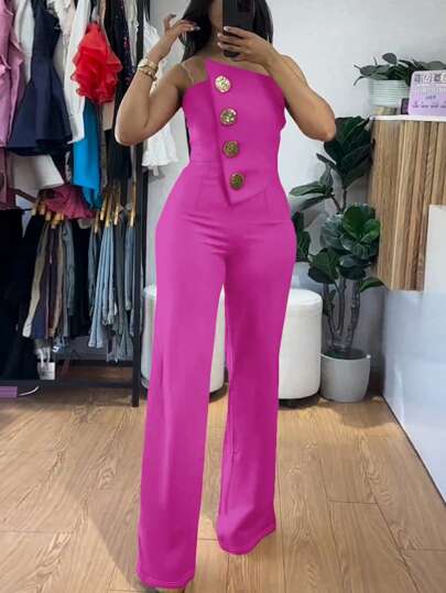 ChicMe جمبسوت قصيرة بدون أشرطة غير متماثلة مزينة بأزرار معدنية، كاجوال للصيف