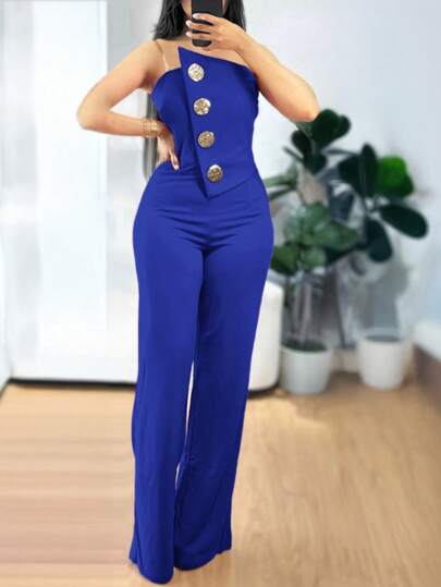 ChicMe جمبسوت قصيرة بدون أشرطة غير متماثلة مزينة بأزرار معدنية، كاجوال للصيف