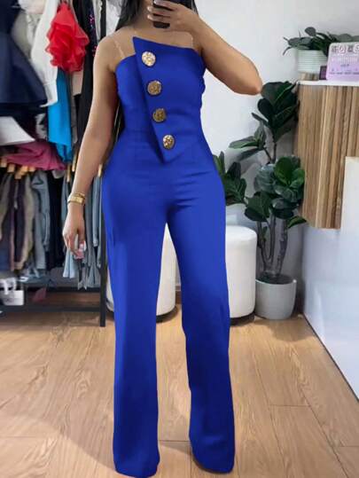 ChicMe جمبسوت قصيرة بدون أشرطة غير متماثلة مزينة بأزرار معدنية، كاجوال للصيف