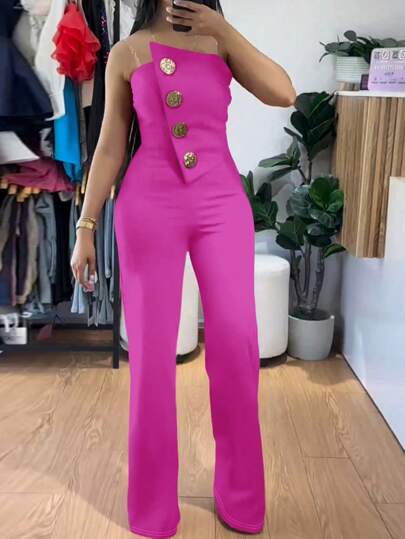 ChicMe جمبسوت قصيرة بدون أشرطة غير متماثلة مزينة بأزرار معدنية، كاجوال للصيف