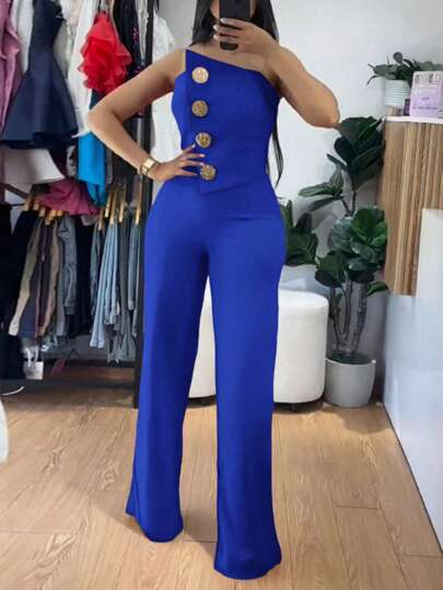 ChicMe جمبسوت قصيرة بدون أشرطة غير متماثلة مزينة بأزرار معدنية، كاجوال للصيف