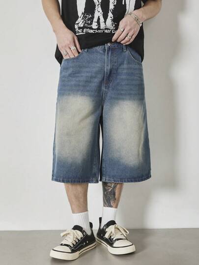 Manfinity Hypemode شورت جينز كاجوال فضفاض بلون أزرق داكن مغسول بطراز عتيق للرجال، هي "قصة البحر المتوسط"
