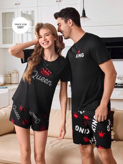 CoupledUp طقم بيجاما الرجال كم قصير رقبة طاقم، طباعة تصميم تاج وملك