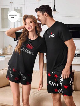 CoupledUp طقم بيجاما الرجال كم قصير رقبة طاقم، طباعة تصميم تاج وملك
