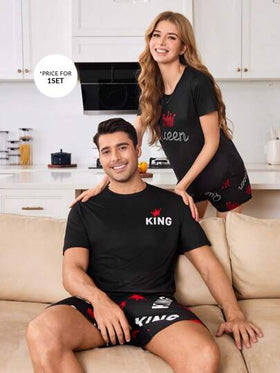 CoupledUp طقم بيجاما الرجال كم قصير رقبة طاقم، طباعة تصميم تاج وملك