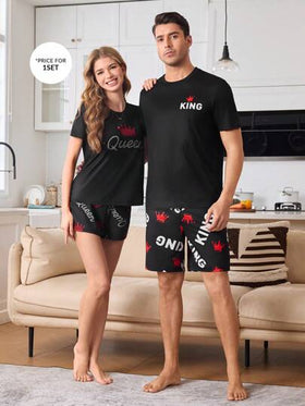 CoupledUp طقم بيجاما الرجال كم قصير رقبة طاقم، طباعة تصميم تاج وملك