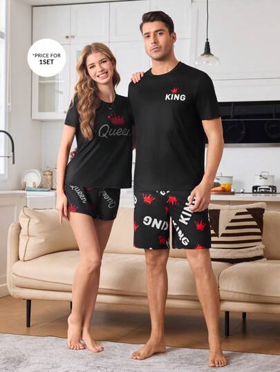 CoupledUp طقم بيجاما الرجال كم قصير رقبة طاقم، طباعة تصميم تاج وملك