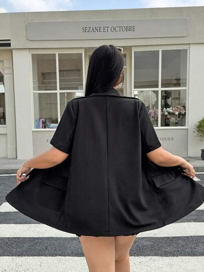 EZwear بدلة رسمية قصيرة الأكمام بجيوب باللون الأسود، مقاس كبير الحجم