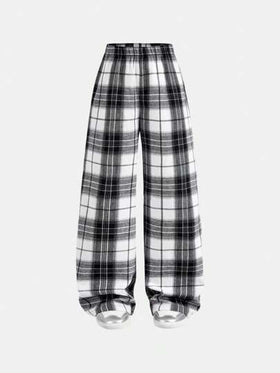 SHEIN Girlism بنطلون رياضي بقدمين واسعتين للفتيات المراهقات، من الفليس الدقيق بتصميم الشاش الأسود والأبيض، للاستعمال اليومي ولممارسة كرة القدم/كرة المضرب