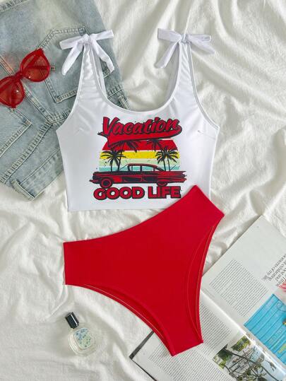 طقم تانكيني حريمي Swim Lushoire بكيني علوي ذو تصميم فتحات الرقبة المطبوع باسم (Springbreak)
