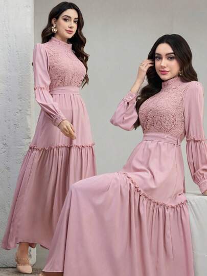 فساتين حريمي Graceveil فستان طويل الأكمام مزخرف بالدانتيل مع طيات في الذيل ذو طابع أنيق للسيدات