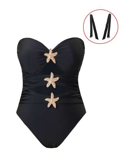 SHEIN Swim 1 قطعة ملابس سباحة نسائية كبيرة الحجم من قطعة واحدة مزخرفة بالمعادن، بدلة سباحة مثيرة وأنيقة للشاطئ، لقضاء إجازة الصيف