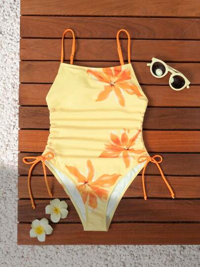 Swim Mod بدلة سباحة نسائية صيفية جديدة بطبعة زهور باللون الأصفر الفاتح بأربطة جانبية سحب'
