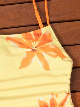 Swim Mod بدلة سباحة نسائية صيفية جديدة بطبعة زهور باللون الأصفر الفاتح بأربطة جانبية سحب'