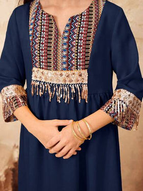 SHEIN فستان بأكمام ثلاثة أرباع مزخرف بنمط زهري معتق بالقطع للفتيات في عمر المراهقة ، فستان عربي