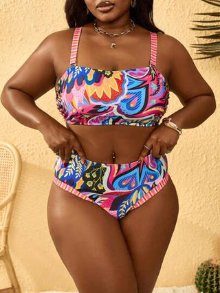 SHEIN Slayr CURVE ملابس سباحة مجموعة بكيني بنقشة نباتات استوائية خضراء بكشكشة للمقاسات الكبيرة
