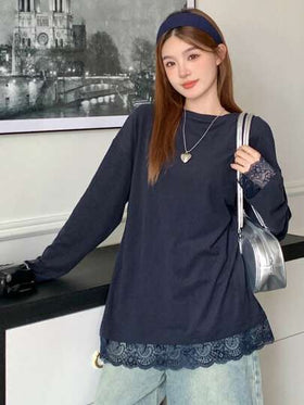 DAZY تي شيرت نسائي كاجوال فضفاض بتصميم رقعي من الدانتيل، بياقة دائرية وأكمام طويلة، ملابس خريفية