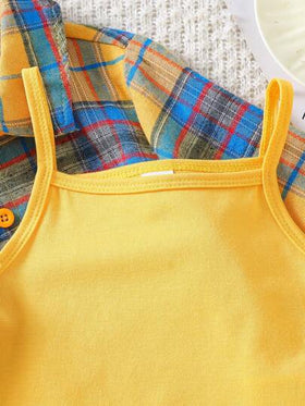 SHEIN Explorewe طقم إطلالة صيفية للبنات 3 قطع: ملابس علوية كاجوال كاروهات بأكمام طويلة + توب حماله قصير+ شورت مبتور الحافة