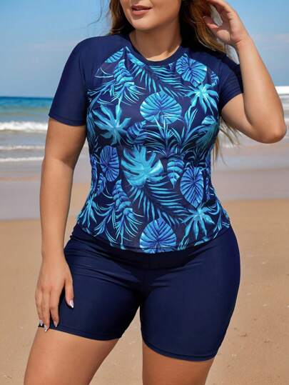Swim Lushoire مجموعة راش جارد مطبوعة بالألوان المتباينة لنساء الحجم الكبير لإجازة الشاطئ في الصيف
