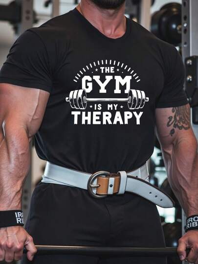 Manfinity Sport Corelite تي شيرت رياضي كريو نيك أكمام قصيرة للرجال مطبوع عليه أثقال وأحرف، ملابس رياضية مريحة ومنفذة للهواء ومقاومة للرطوبة