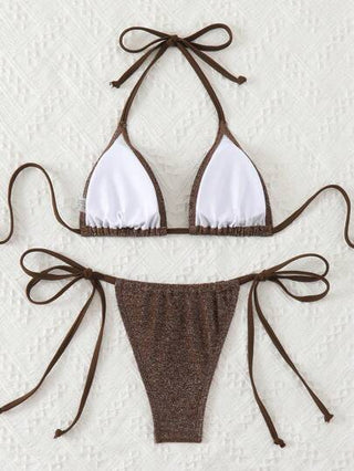 Swim Basics بيكيني بني ذو رباط جانبي على شكل مثلث ولامع للصيف والشاطئ