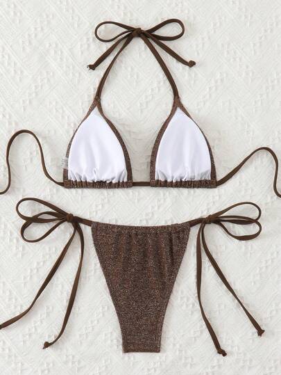 Swim Basics بيكيني بني ذو رباط جانبي على شكل مثلث ولامع للصيف والشاطئ