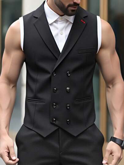 Manfinity Mode سترة كاجوال بأزرار أمامية بدون أكمام ذات لون أحادي للرجال