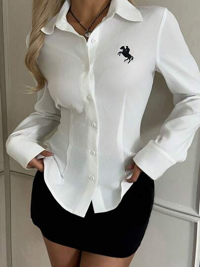 SHEIN EZwear بلوزة بناتية بأكمام طويلة ذات حِزام ناعم أبيض مطرزة