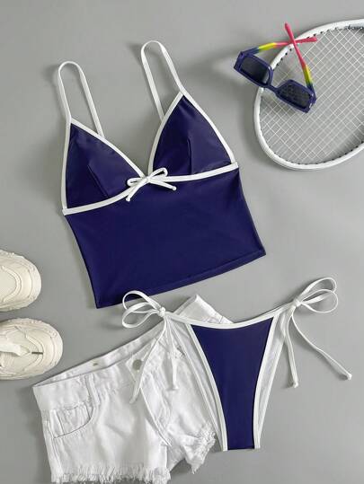 طقم تانكيني حريمي Swim Mod بدلة السباحة قطعتين بتصميم بسيط وجذاب مكونة من ملابس علوية تانكيني مثلث بتقاطع ألوان وأسفل مربوط الجنبين بتصميم مثلث
