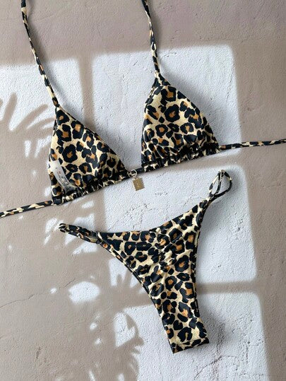 Swim SXY مجموعة بكيني معدنية ذات حمالات رفيعة، مطبوعة بشكل عشوائي بنمط النمر، ملابس صيفية للشاطئ