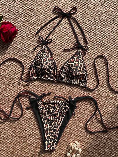 طقم تانكيني حريمي Swim SXY مجموعة ملابس سباحة نسائية بحزام رفيع ظهر مكشوف وعقدة وطبعة نمر للإجازة الربيعية