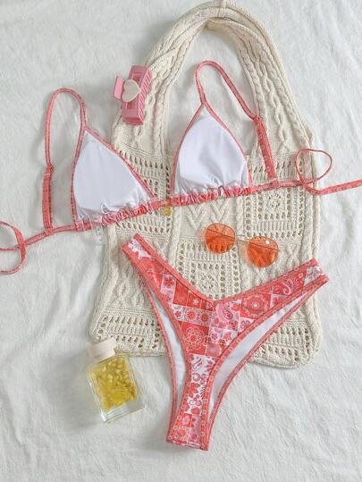 Swim Mod طقم بكيني قطعتين للمرأة لعطلات الربيع - ملابس علوية رباطات رفيعة مع قطع سفلي قصير بطبعات عشوائية، بدلة سباحة جميلة