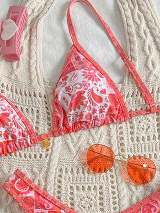 Swim Mod طقم بكيني قطعتين للمرأة لعطلات الربيع - ملابس علوية رباطات رفيعة مع قطع سفلي قصير بطبعات عشوائية، بدلة سباحة جميلة