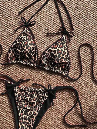 طقم تانكيني حريمي Swim SXY مجموعة ملابس سباحة نسائية بحزام رفيع ظهر مكشوف وعقدة وطبعة نمر للإجازة الربيعية