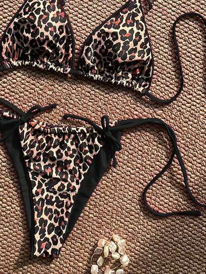 طقم تانكيني حريمي Swim SXY مجموعة ملابس سباحة نسائية بحزام رفيع ظهر مكشوف وعقدة وطبعة نمر للإجازة الربيعية