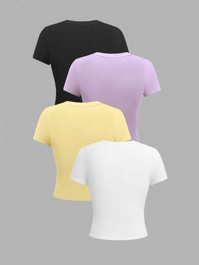 Chiquease 4 قطع بلوزات T-shirt قصيرة الأكمام ذات رقبة طاقم بلون واحد مناسبة للنساء